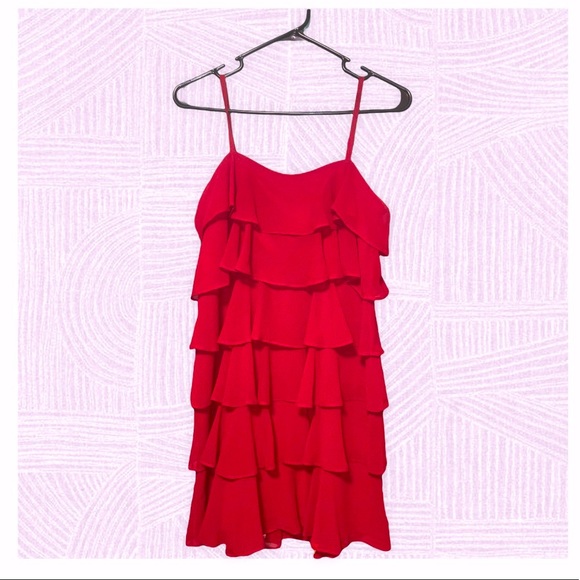 Ann Taylor LOFT Red Ruffled Chiffon Cocktail Dress Size 0P - Picture 1 of 8